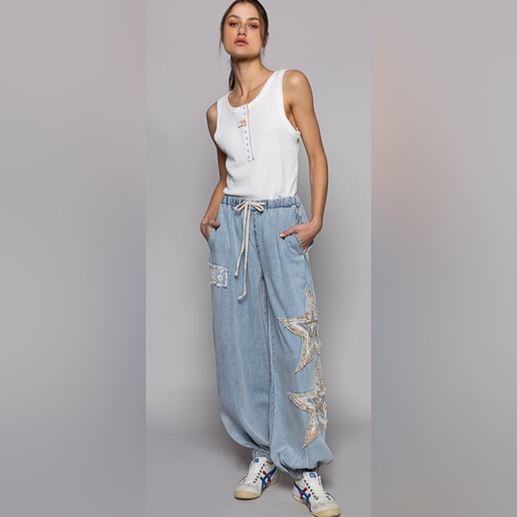 POL Exposed Seam Relaxed Fit Sweater with Star Denim Patch main image 0